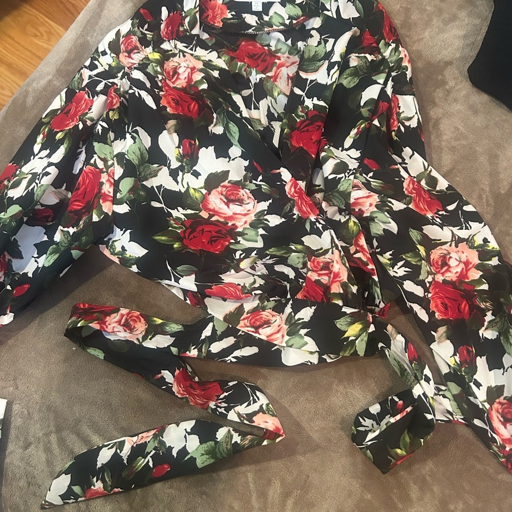 Floral Wrap Blouse with Red Roses